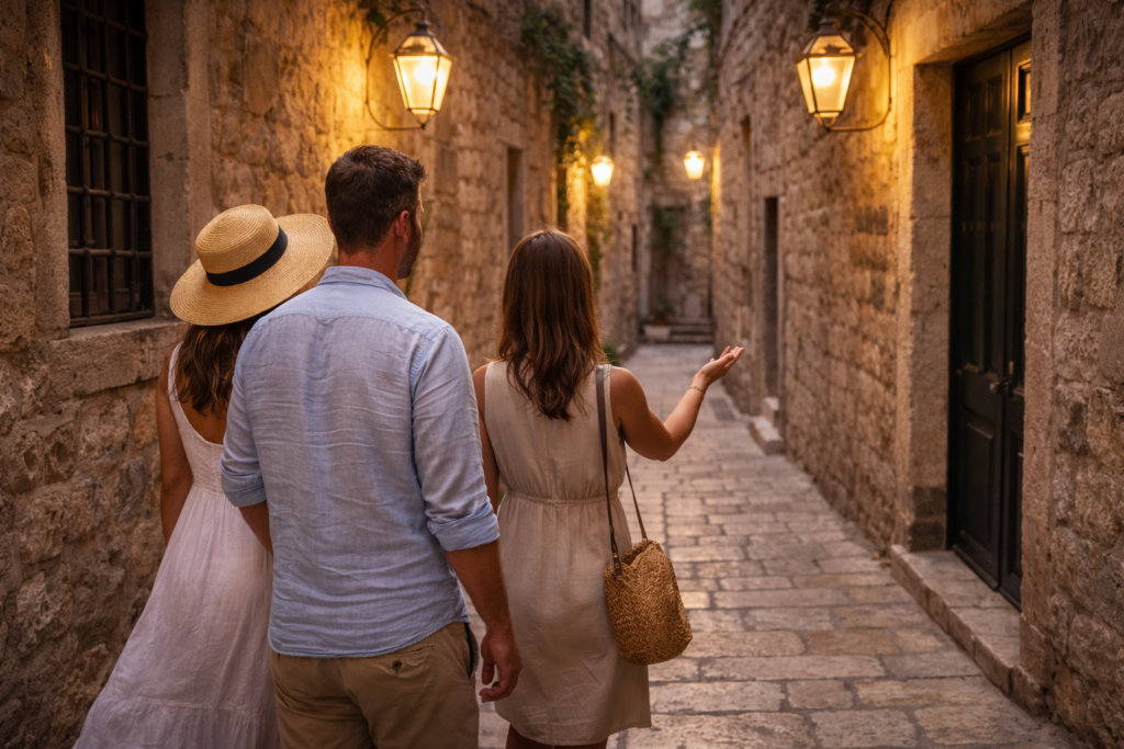 Private walking tour in Dubrovnik Old Town showing quiet streets and a luxury Dubrovnik travel experience
