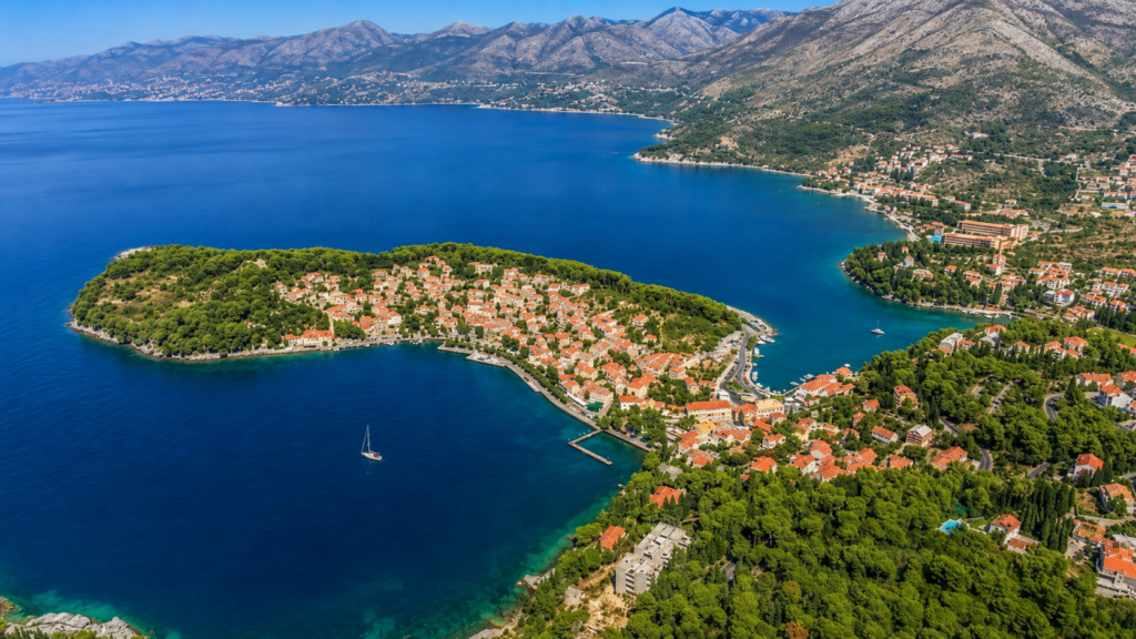 Aerial view of Rat Peninsula, Cavtat and the Adriatic coast in Croatia