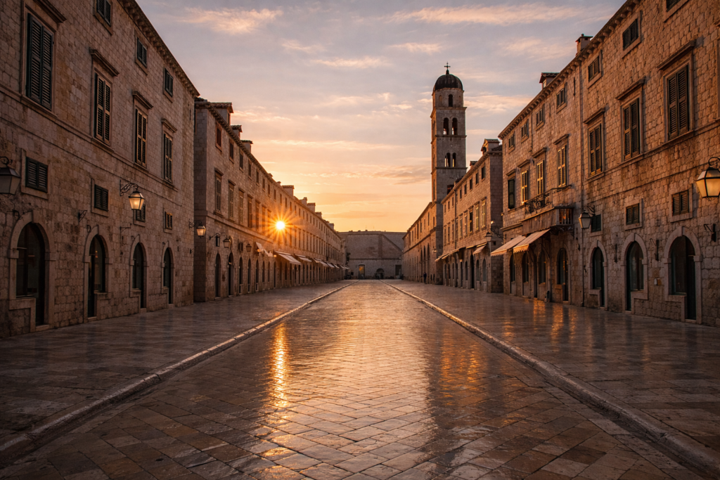 Stradun Dubrovnik early morning empty street with sunrise light reflecting on limestone pavement
