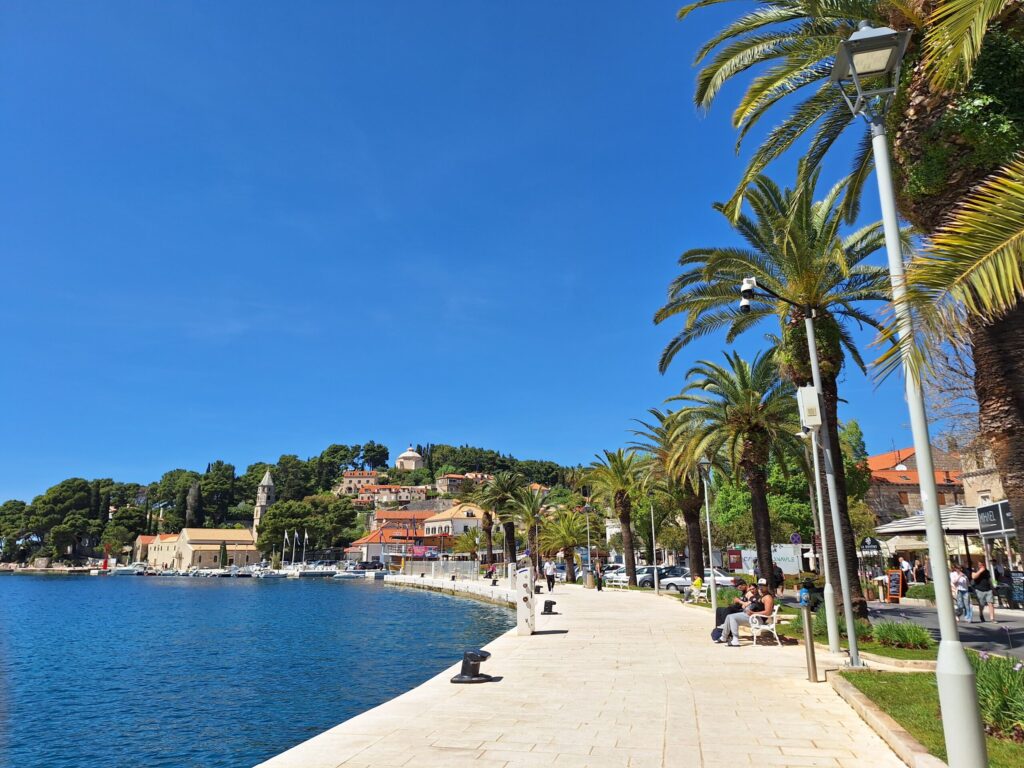 Palm-lined waterfront promenade in Cavtat near Dubrovnik with Adriatic Sea views, historic coastal architecture, and relaxed Mediterranean atmosphere.