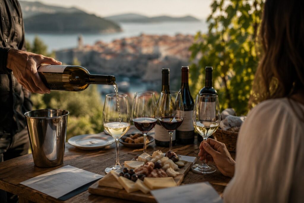 Private Dubrovnik wine experience at sunset with local wines overlooking Old Town and Adriatic coast