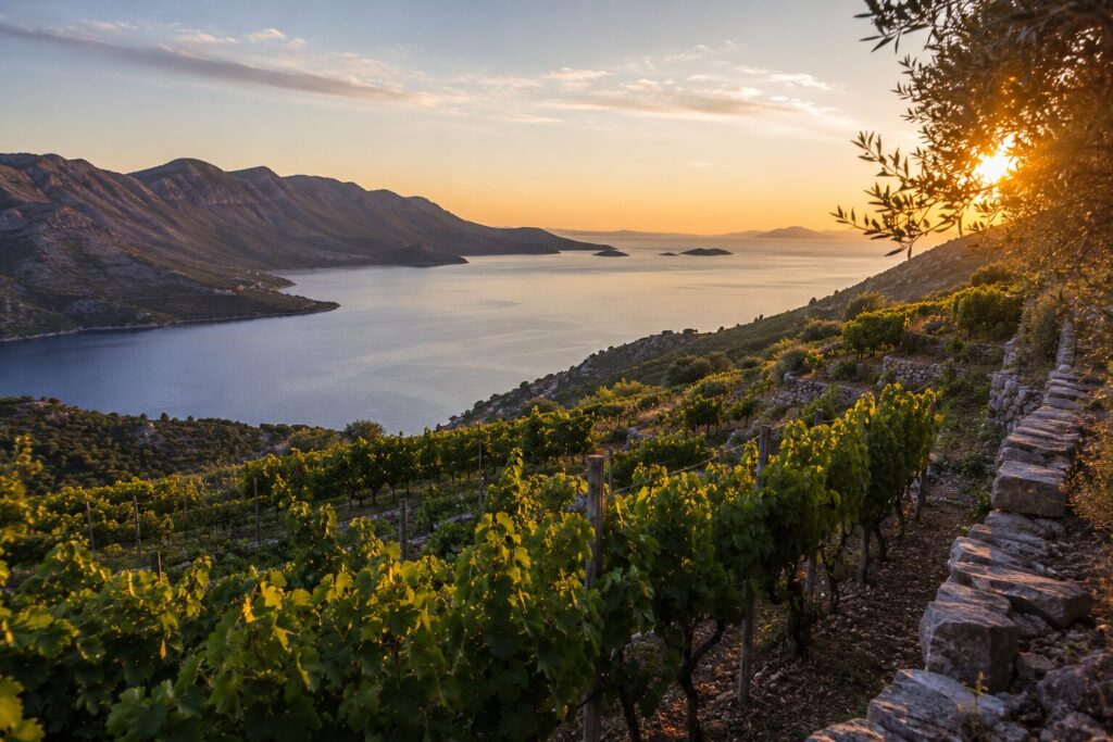 Dubrovnik vineyards on steep coastal slopes overlooking the Adriatic Sea at sunset in southern Dalmatia