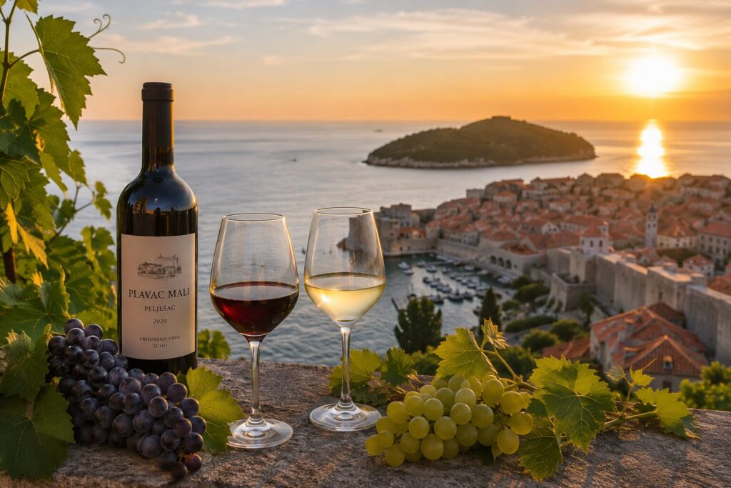 Dubrovnik wines served on an outdoor table at sunset overlooking the Adriatic Sea and Old Town rooftops