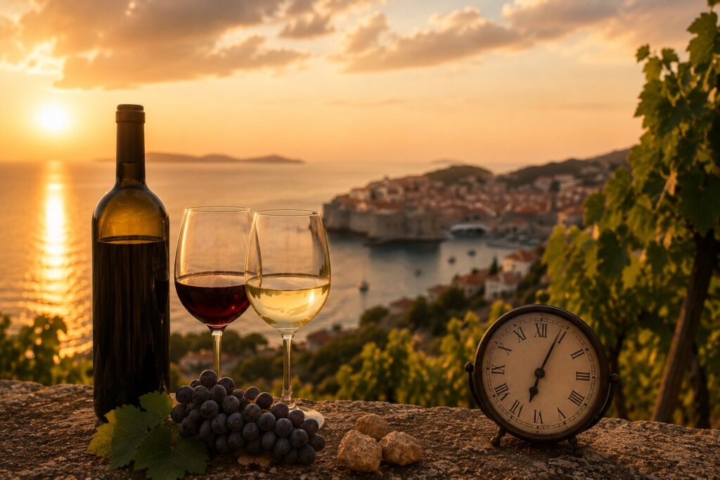 Dubrovnik wines enjoyed at sunset overlooking Old Town and Adriatic coast during golden hour