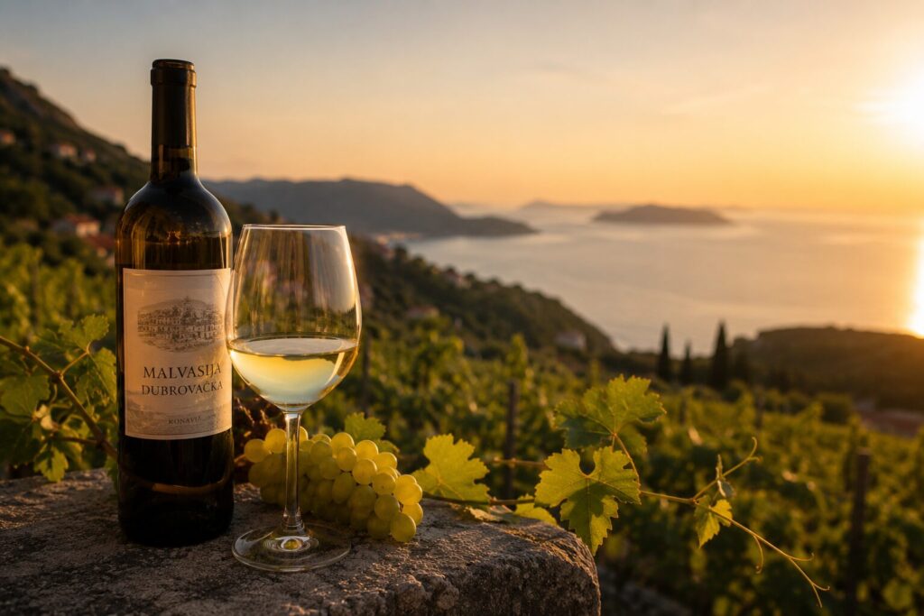 Malvasija Dubrovačka white wine with grapes overlooking Dubrovnik vineyards and Adriatic coast at sunset