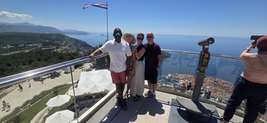 American cruise guests enjoying panoramic views from Mount Srđ above Dubrovnik during a private shore excursion.