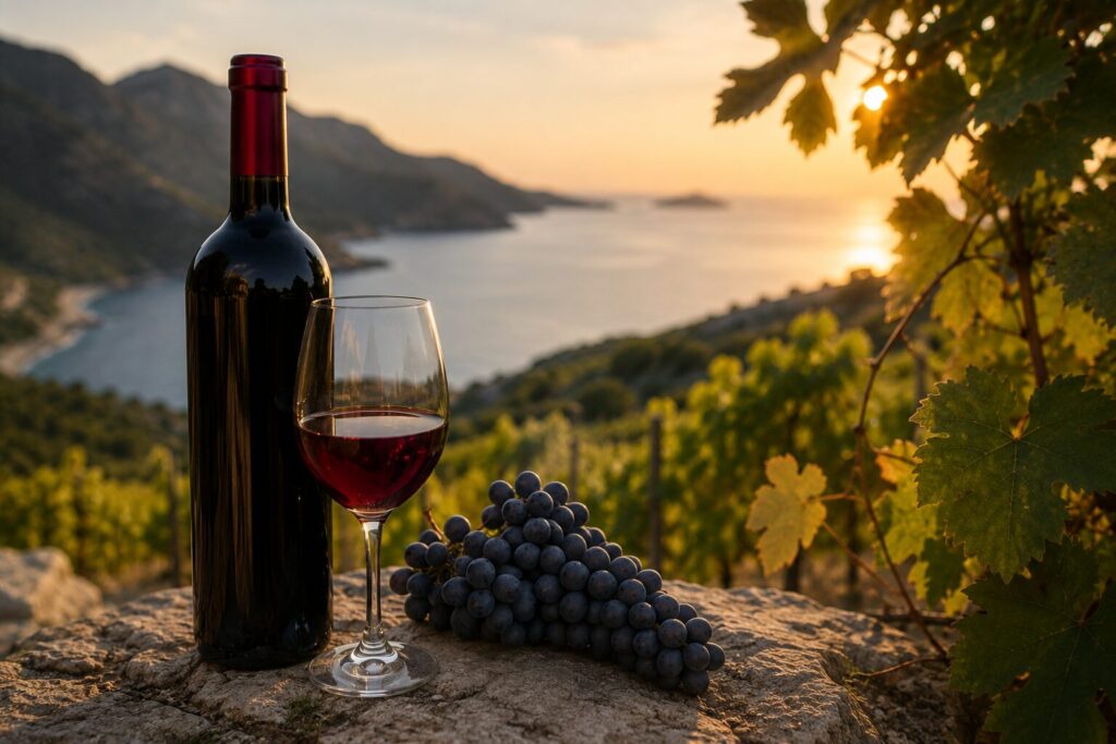 Plavac Mali red wine with grapes overlooking Dubrovnik vineyards at sunset on the Adriatic coast