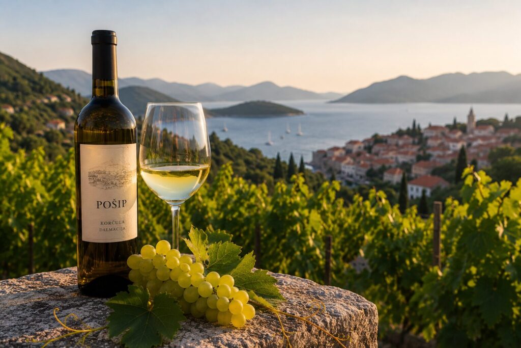 Pošip white wine with grapes overlooking Dubrovnik coastal vineyards at sunset in southern Dalmatia
