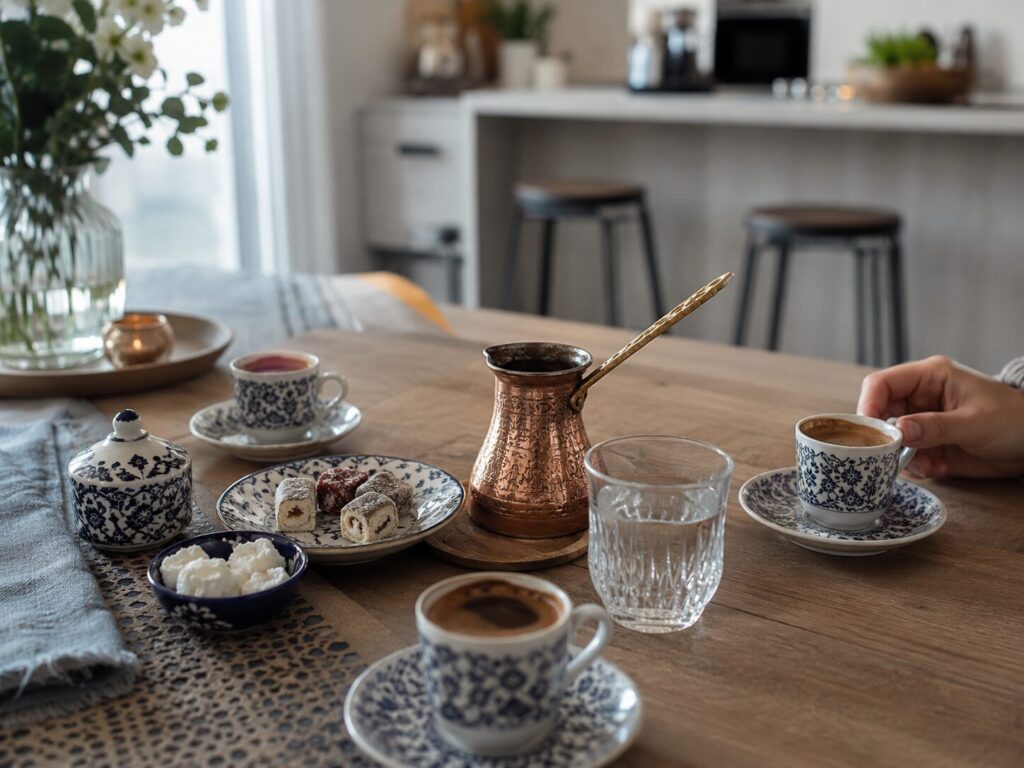 Traditional Turkish-style coffee served in a modern Dubrovnik home with a copper coffee pot, small porcelain cups, water, and sweets on a wooden table.