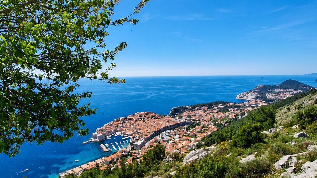 Panoramic view of Dubrovnik and the Adriatic Sea from Mount Srđ on a clear sunny day