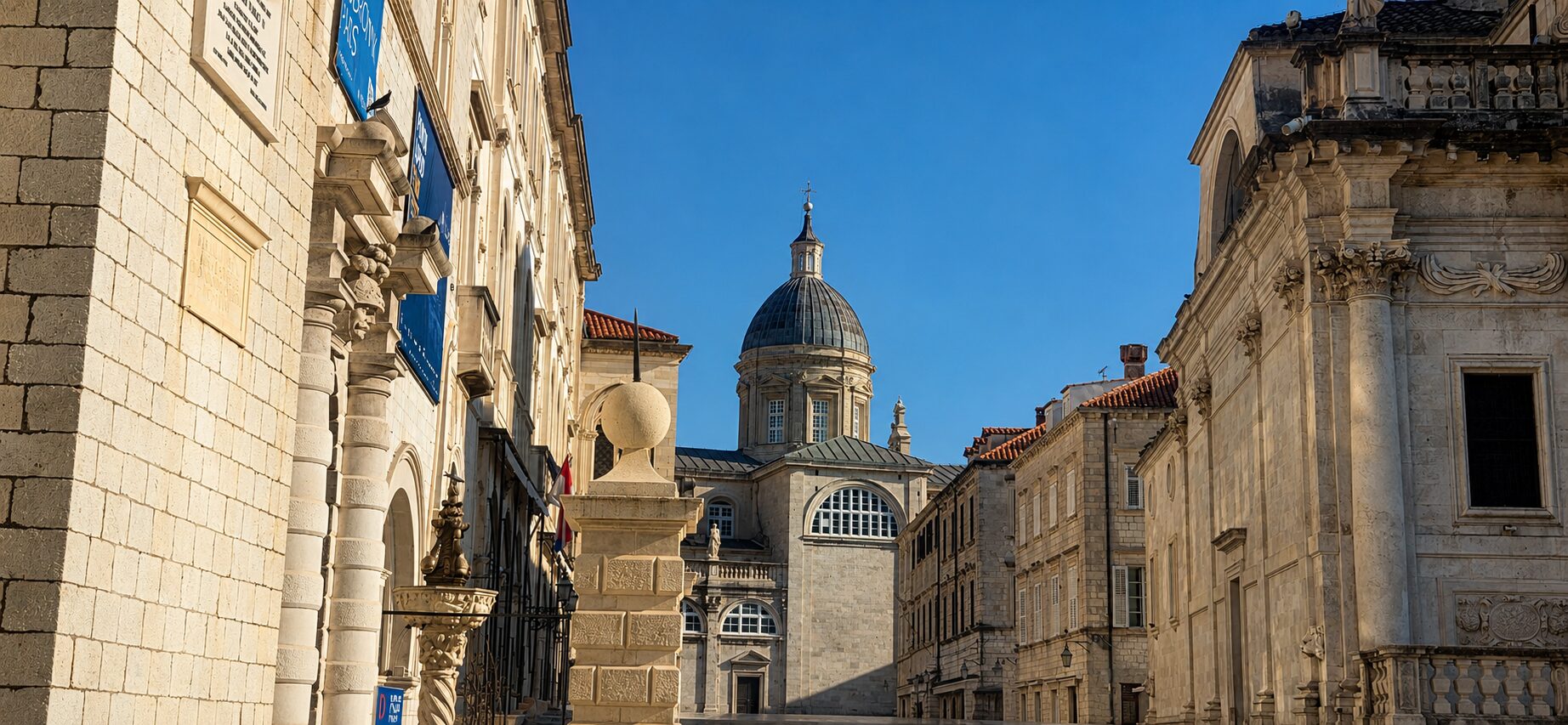 Historic street view in Dubrovnik Old Town with stone buildings and cathedral dome, showing a calm moment for visiting Dubrovnik Old Town