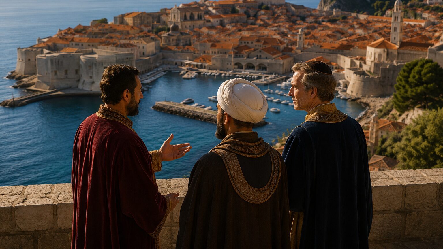 Diplomats and merchants representing different cultures overlooking Dubrovnik, symbolizing the Republic's diplomatic relationships and international trade networks