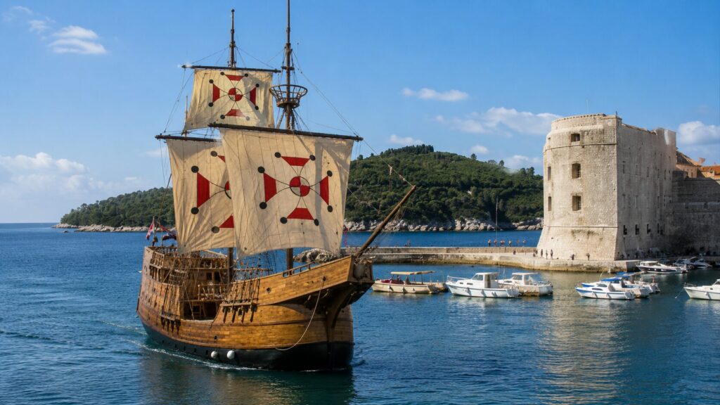 Large Dubrovnik karaka ship sailing near Lokrum Island, with Fort St. John and the Old Port in the background