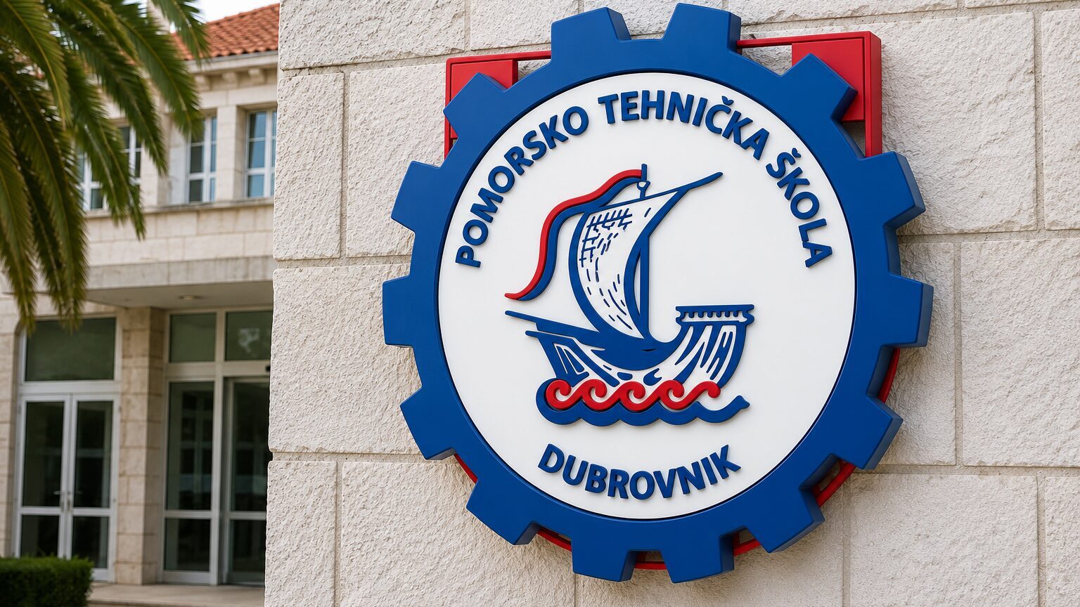 Pomorsko-tehnička škola Dubrovnik logo displayed on the school building exterior