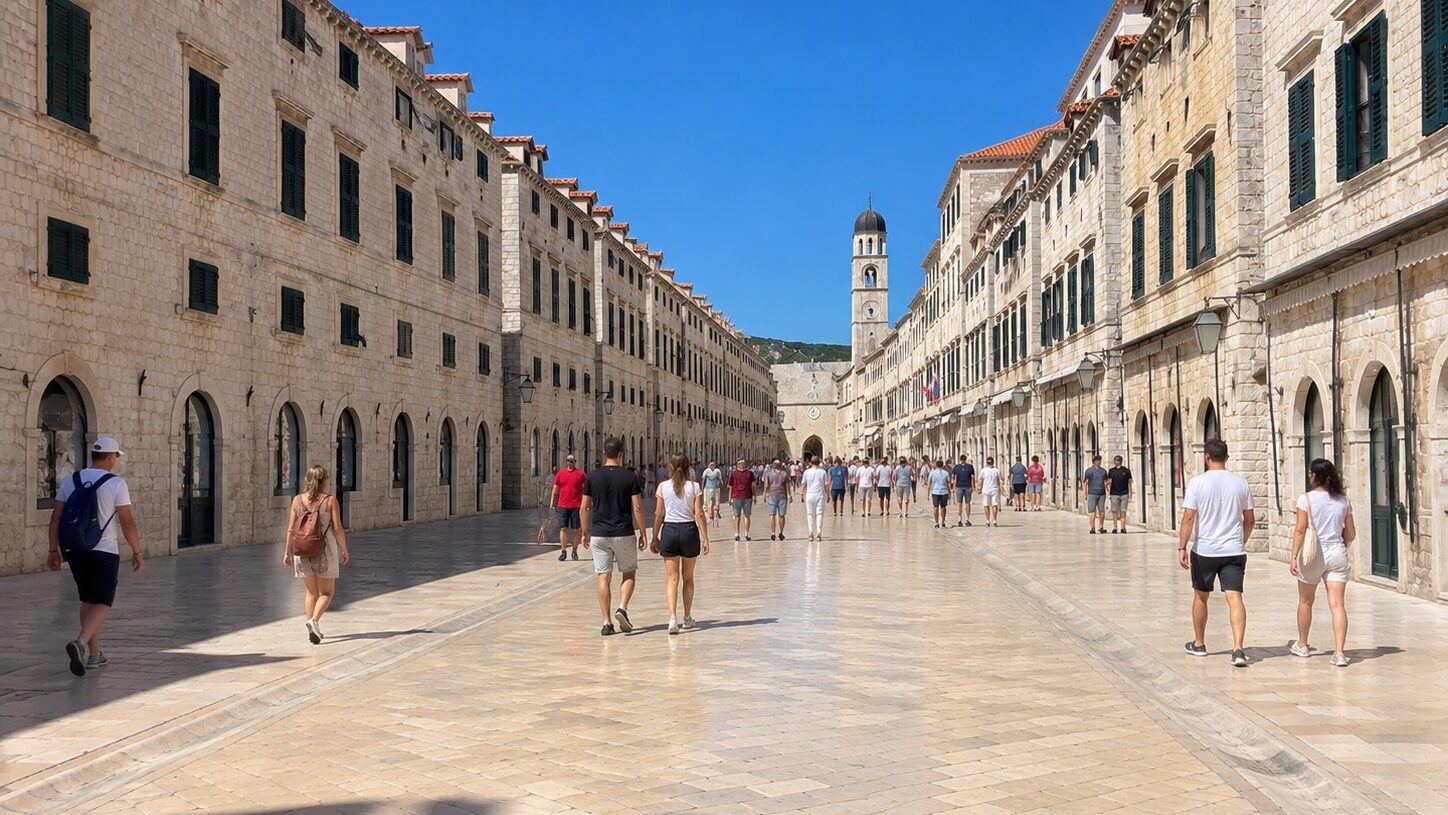 Visitors walking through Dubrovnik Old Town on a sunny day, reflecting the city's reputation as one of Europe's safest destinations.