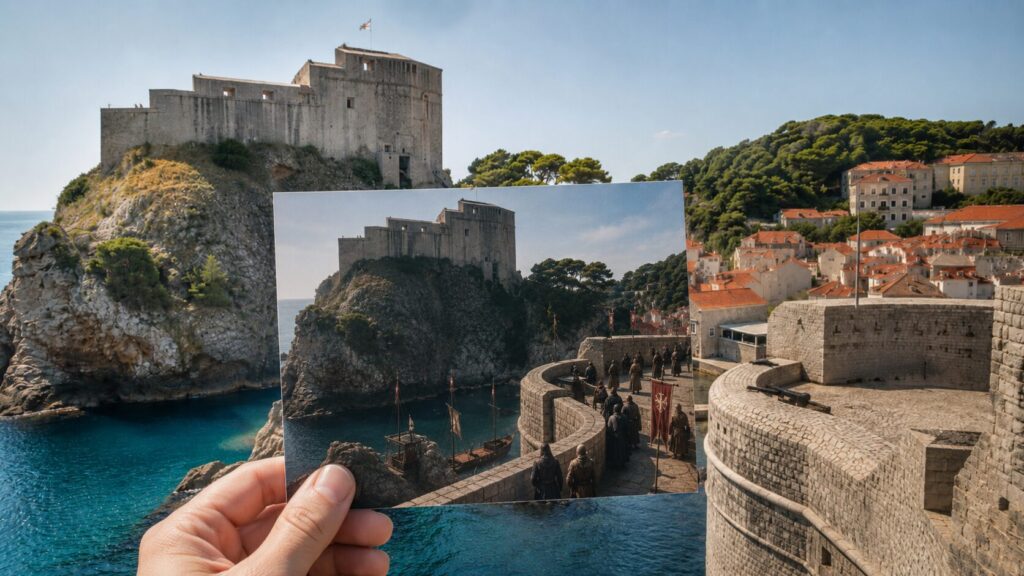 Dubrovnik Game of Thrones filming location with photo comparison at Fort Lovrijenac and Pile Bay