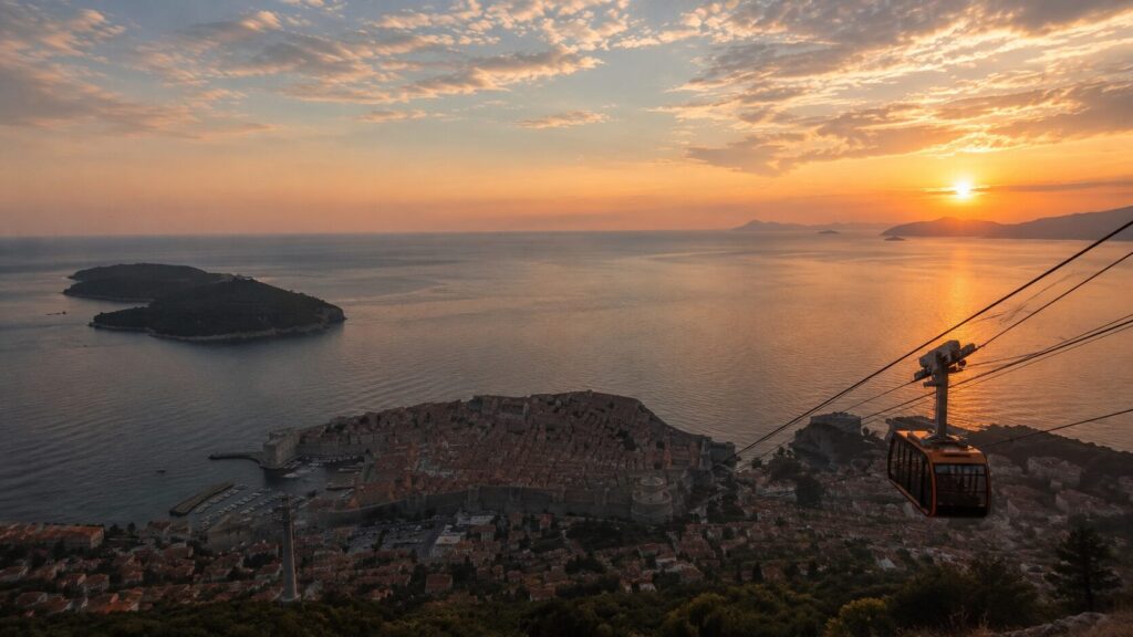 Dubrovnik Old Town and Lokrum at sunset with the cable car descending from Mount Srđ