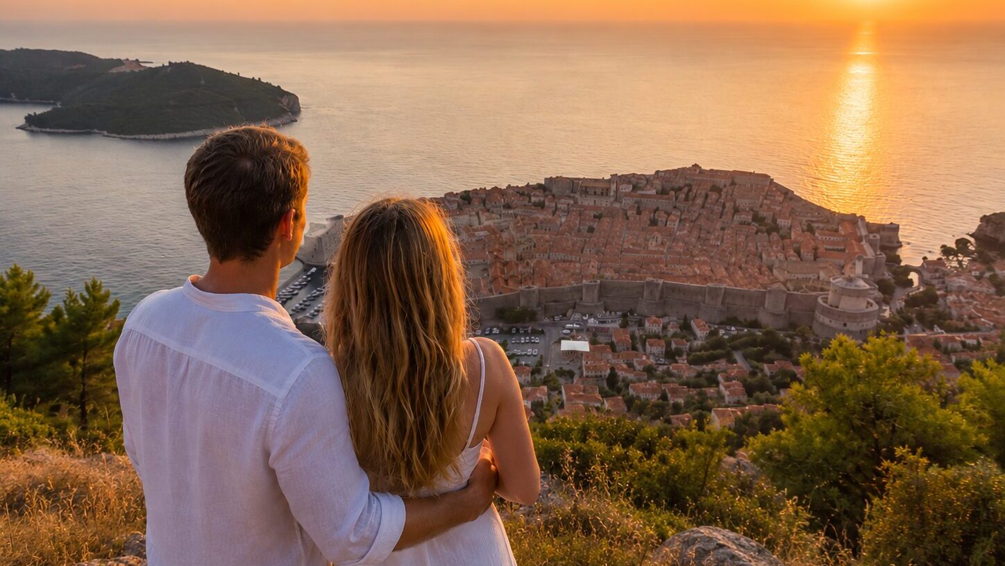 Romantic couple watching sunset over Dubrovnik Old Town and the Adriatic Sea