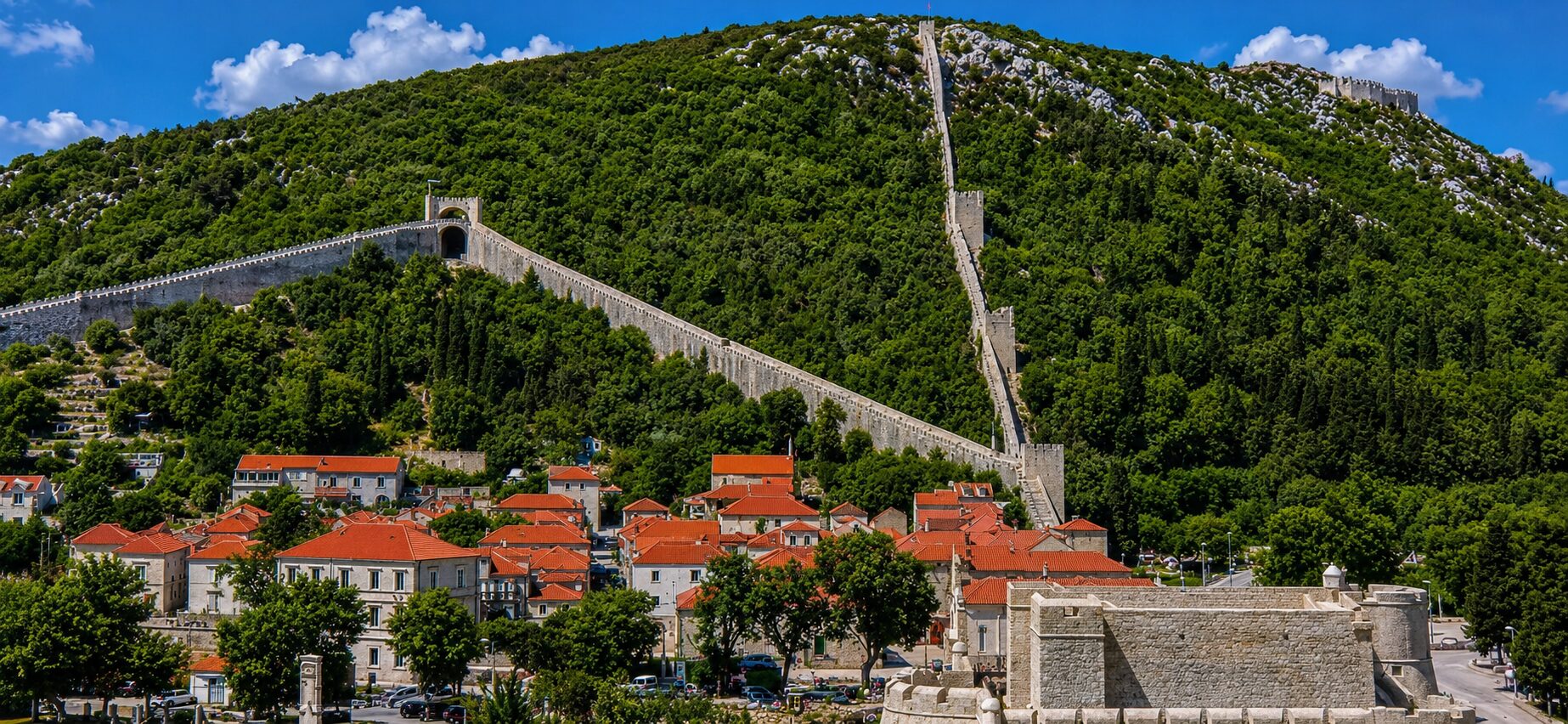 Ston walls above the town of Ston on a day trip from Dubrovnik