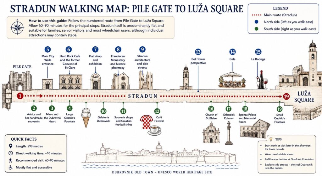 Numbered Stradun walking map showing 19 stops from Pile Gate to Luža Square in Dubrovnik Old Town, including Onofrio’s Fountains, the City Walls entrance, Franciscan Monastery, Bell Tower, Church of St Blaise and Sponza Palace.