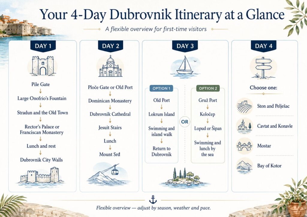 Four-day Dubrovnik itinerary showing Old Town and City Walls on Day 1, Mount Srđ on Day 2, Lokrum or the Elaphiti Islands on Day 3, and regional day trips on Day 4.