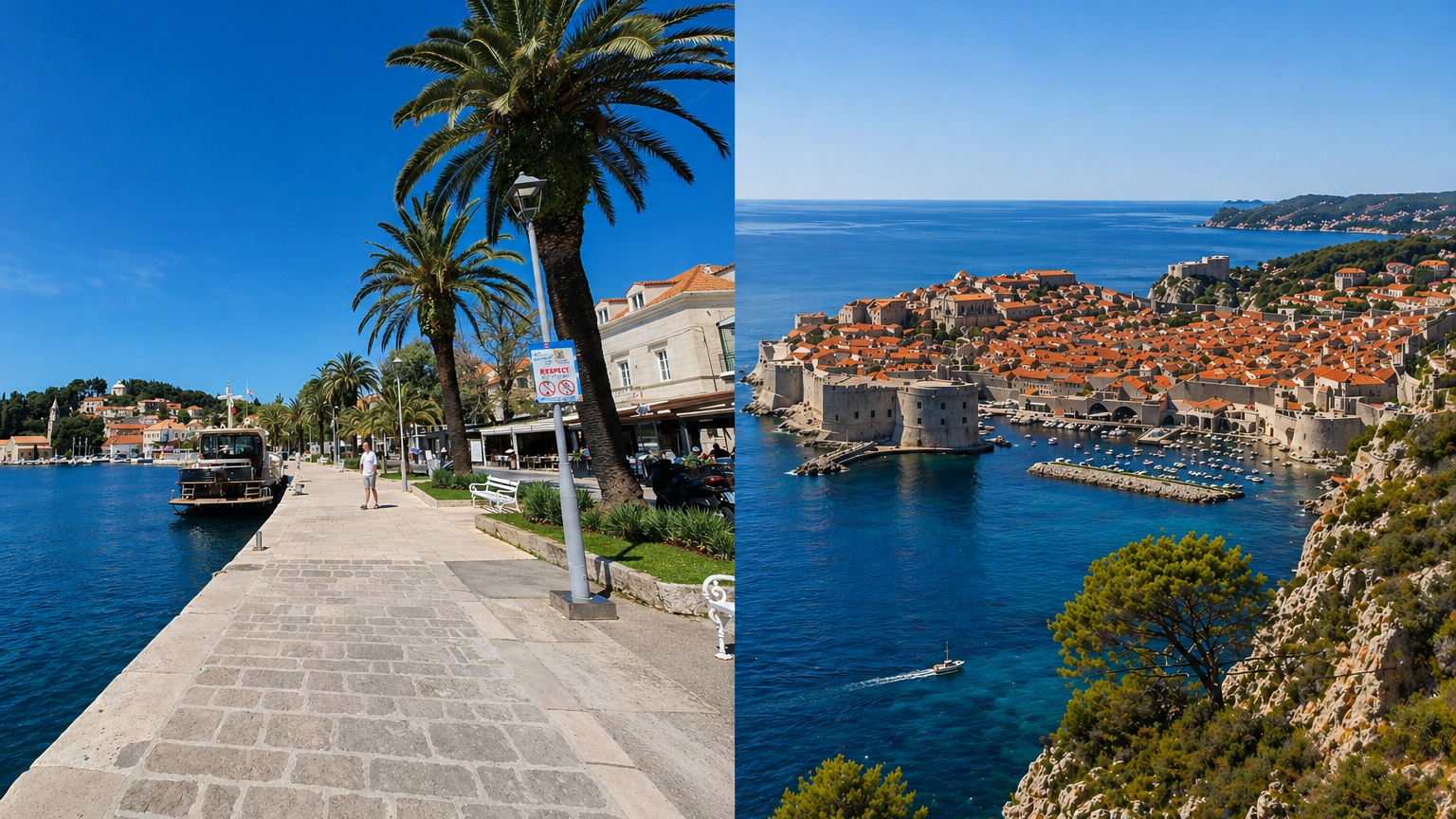 Cavtat waterfront and Dubrovnik Old Town comparison for a cruise day