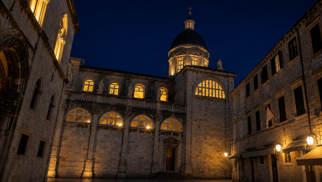 Dubrovnik Old Town at night with illuminated historic buildings