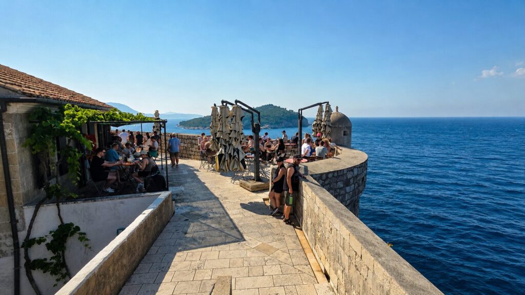 Seaside café on Dubrovnik’s City Walls overlooking Lokrum Island and the Adriatic Sea