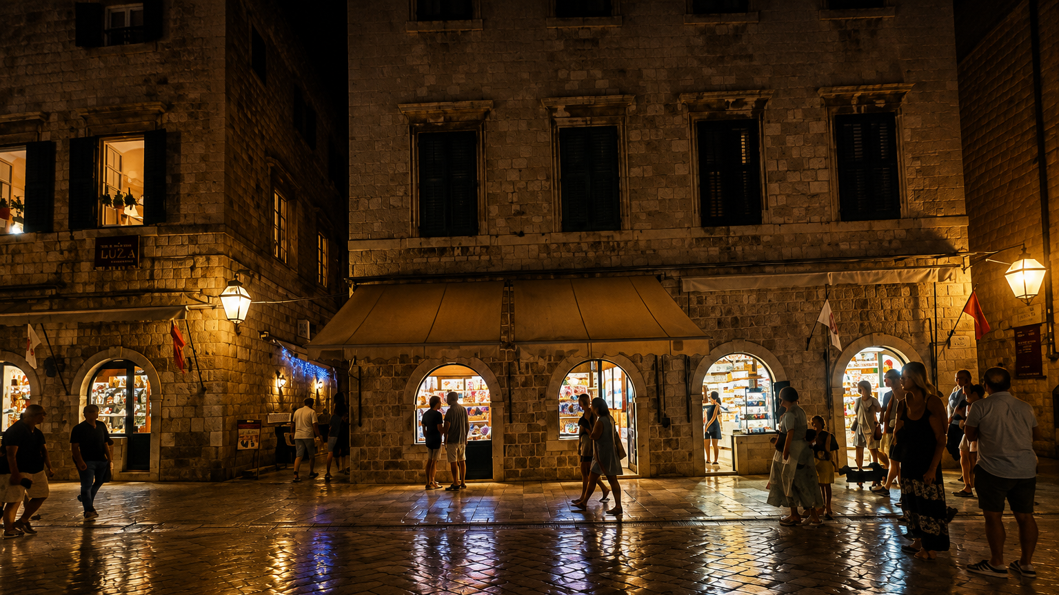 Dubrovnik Old Town at night with illuminated stone streets, shops and people walking through the historic centre