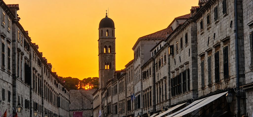 Dubrovnik Old Town at sunset transitioning into evening