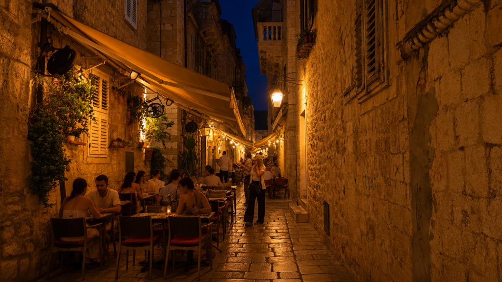 Prijeko Street in Dubrovnik Old Town at night with restaurant terraces