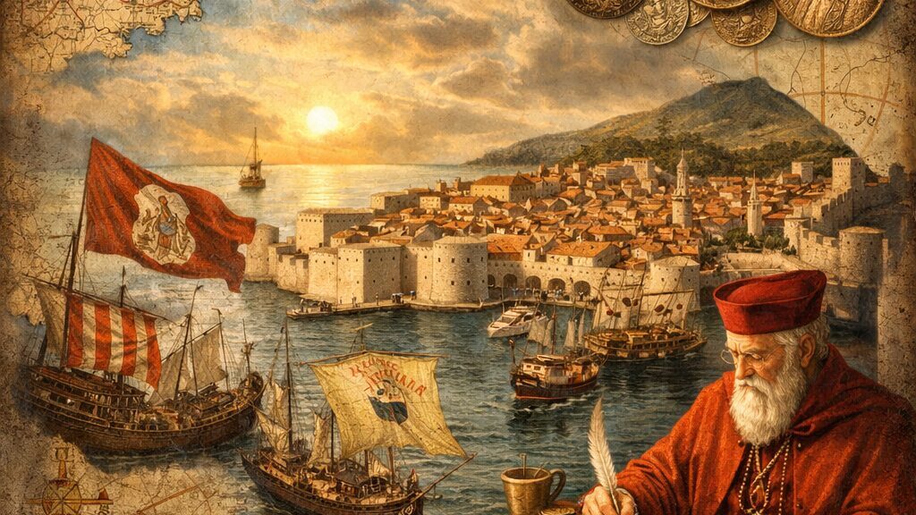 Illustration of the Republic of Ragusa showing Dubrovnik’s maritime trade, diplomacy, political leadership and historic connections across the Mediterranean.