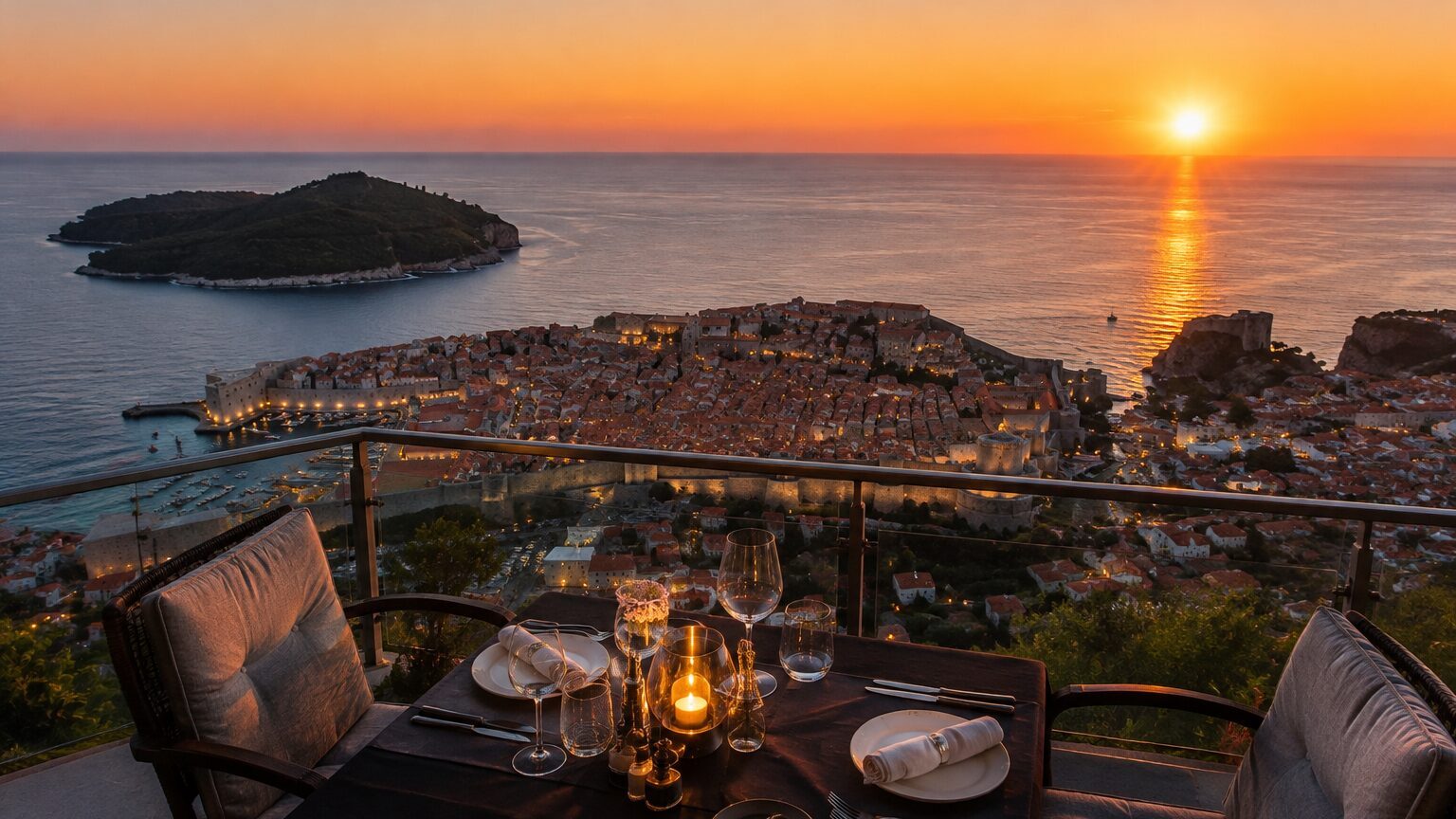 Romantic sunset dinner overlooking Dubrovnik Old Town from Panorama Restaurant