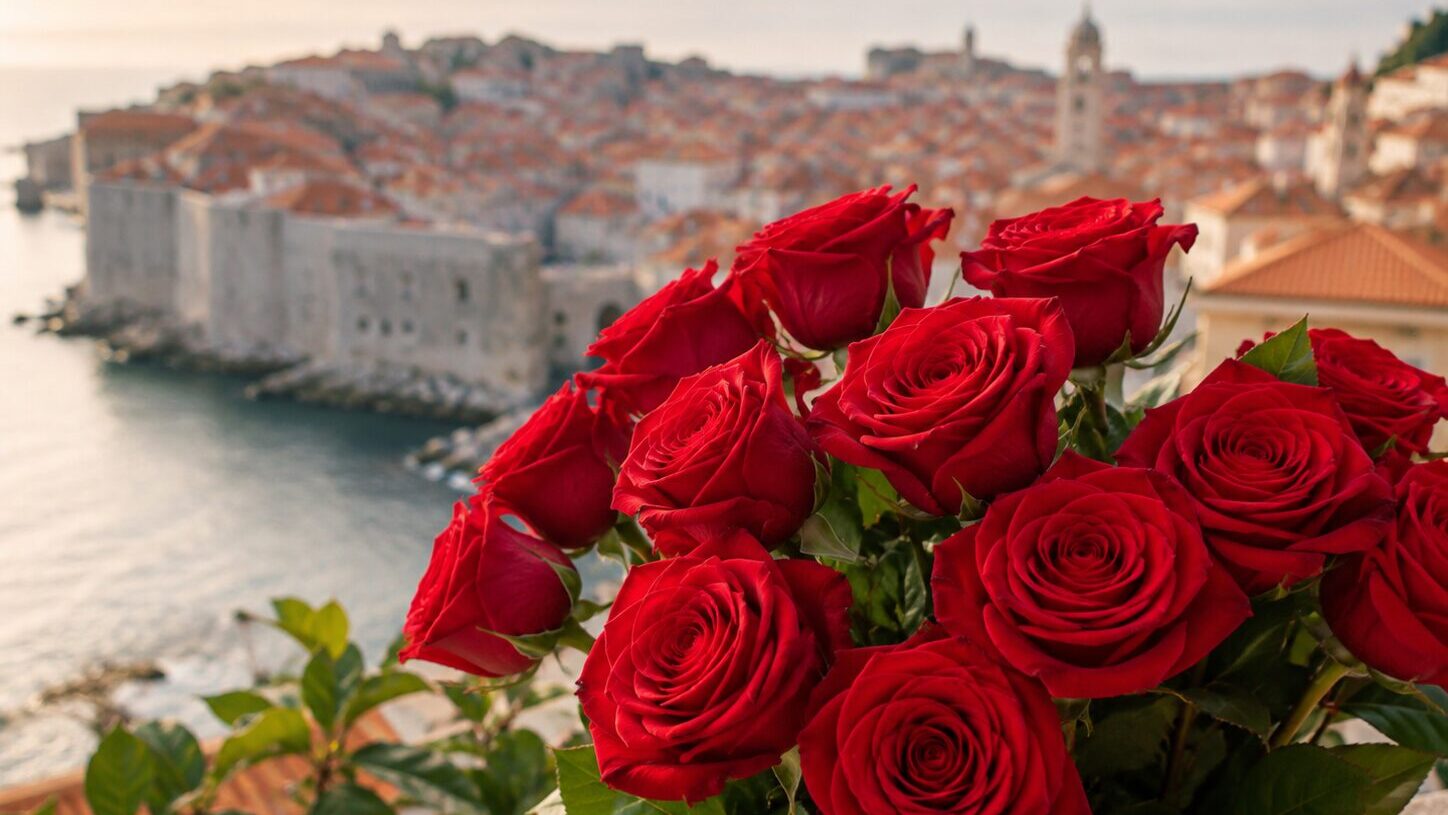 Red rose bouquet overlooking Dubrovnik Old Town and the Adriatic Sea