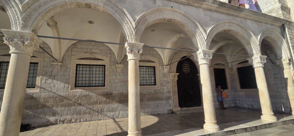 Renaissance arcade of Sponza Palace in Luža Square, Dubrovnik, beside the entrance to the Memorial Room of the Dubrovnik Defenders.
